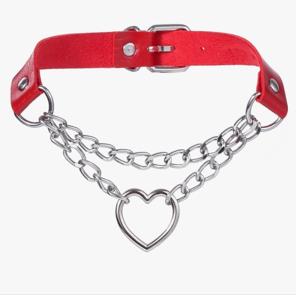 Red PU Leather Link Chain Heart Choker Collar Punk Goth BDSM Emo Women's - Picture 1 of 6